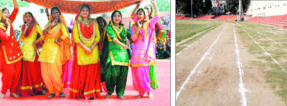 Students present giddha at the Punjab State Rural Games; and (right) running track with patches of grass at Guru Nanak Stadium in Amritsar on Monday.