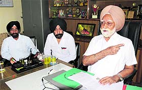 HS Sandhu, Chairman, Harkrishan Public School, addresses a press conference on Monday.