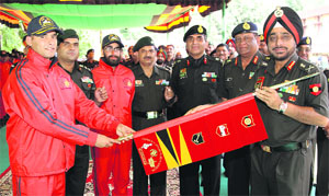 A mountaineering expedition team from the 14 Mechanised Infantry being flagged in at Chandimandir on Monday