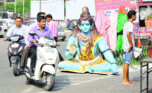Preparations being made for a jagrata near Gumat Chowk in Jammu on Monday