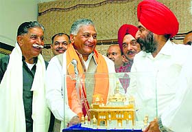 Minister of State for External Affairs and Minister of State for North-East Region VK Singh being honoured in Ludhiana on Monday. 