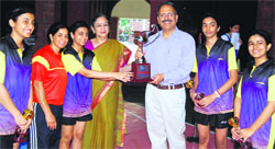 Winners of the IPSC Girls Table Tennis Tournament with their trophy in Dehradun on Monday. Tribune photo: Vinod Pundir