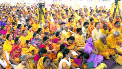 Volunteers listening to Shantikunj ideologue Dr Pranav Pandya in Haridwar on Monday. Tribune photo