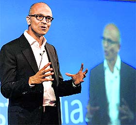 Microsoft CEO Satya Nadella addresses a press conference in New Delhi on Tuesday. 