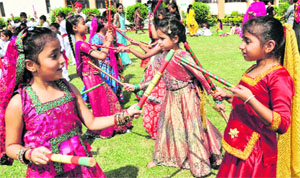 Students perform dandia at Aanchal International School, Sector 41, Chandigarh, on Tuesday.