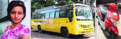 A file photo of victim Yamini Lamba; and the bus and scooter involved in the accident between the Kalagram and Railway light points parked at the Mani Majra police station. 
