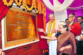 Power Minister Sujan Singh Pathania and IPH Minister Vidya Stokes during the stone-laying ceremony in Theog on Tuesday.