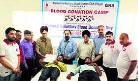 Students donate blood at GNA University in Phagwara. 