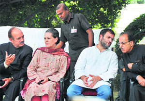 Congress president Sonia Gandhi and vice-president Rahul Gandhi during their interaction with flood victims in Jammu on Tuesday.