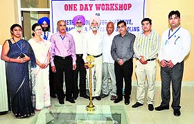 Chief guest and members of the management during a workshop at the Ludhiana Group of Colleges, Chaukimann, near Jagraon. 