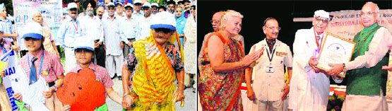 An elderly woman participates in the walkathon along with students to mark International Day of Older Persons at Sector 15, Chandigarh, on Wednesday. Tribune Photo: S Chandan (right) Brig ML Katraia (second from right) being honoured by Haryana Governor Kaptan Singh Solanki (right) at Tagore Theatre, Sector 18, in Chandigarh.
