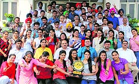 Students of the DAV Institute of Engineering Technology in a jubilant mood after winning the PTU Zonal Youth Festival at Sri Sai College of Engineering, Badhani, Pathankot. 