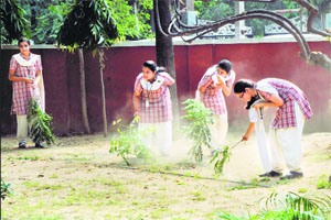 Students of Presentation Convent make an attempt to clean the campus on Wednesday.