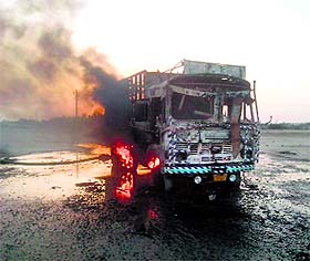 Some unknown persons set a truck on fire near Suratgarh on Wednesday. 