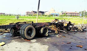 The remains of the tanker that exploded at the Attari ICP on Wednesday.