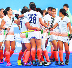 Indian women celebrate a goal against Japan in the bronze-medal match at the Asian Games in Incheon on Wednesday.
