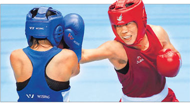 Mary Kom during a bout against her Kazakh rival.