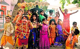 Tiny tots of a playway school celebrate Dasehra in Bathinda on Thursday.