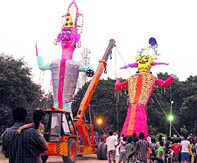 On the eve of Dussehra, effigies of Ravana, Kumbkarana and Meghnath being set up in Jalandhar on Thursday. 