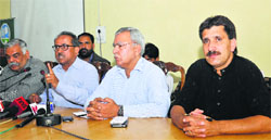 BJP Election Campaign Committee chairman Nirmal Singh addresses a press conference in Srinagar on Thursday. Tribune Photo: Amin war