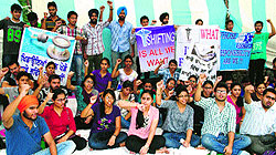 Students of Chintpurni Medical College stage a protest outside Government Medical College in Amritsar on Friday