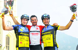 Winners of the 10th Hero MTB Himalaya 2014  Cory Wallace (centre), first runner-up Manual and second runner-up Andres Hartman  at The Ridge in Shimla on Friday. Photo: Amit Kanwar