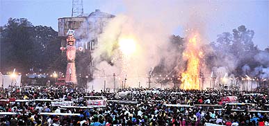 Effigies of Ravana, Megnath and Kumbhakaran set ablaze during Dasehra celebrations at Prade Ground in Dehradun on Friday. 