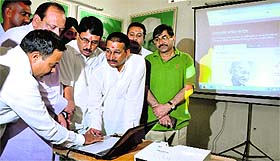 Congress state president Kishore Upadhyay launches a web blog of the Uttrakhand Congress at the party office in Dehradun on Friday.