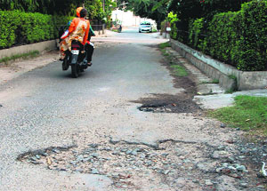 The deep potholes on the road in Model Town, Phase-II, in Bathinda.