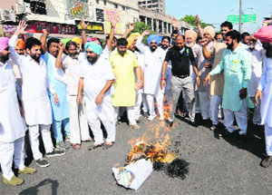 Congress workers burn an effigy of Punjab CM Parkash Singh Badal against the VAT hike on diesel in Bathinda on Saturday.