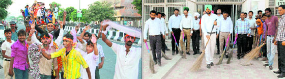 A procession being taken out in connection with Durga Puja celebrations; and (right) lawyers organise a cleanliness drive at the District Courts Complex in Bathinda on Saturday.