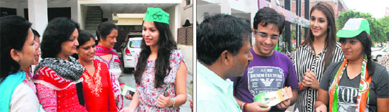 Surbhi Goel; and (right) Pooja Bansal campaign for their fathers in Panchkula on Saturday.