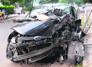 The SUV that met with an accident on the road separating Sectors 18 and 21 in Chandigarh on Friday night. 