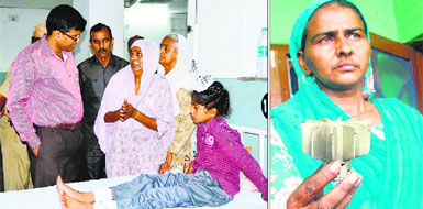 Deputy Commissioner, Jammu, AK Sahu talks to a boy, injured in border firing, at Government Medical College and Hospital on Saturday; and (right) a woman shows the tailpin of a Pakistani mortar that exploded in her house.