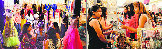 Women look at various creations; and (below) visitors at a jewellery stall at a bridal exhibition, "Lavan Phere", in Ludhiana. Photos: Inderjeet verma