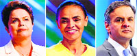 (L-R) Dilma Rousseff of the Workers Party, Marina Silva of the Brazilian Socialist Party,and Aecio Neves of the Brazilian Social Democracy Party. AFP