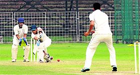 A batsman plays a shot during a cricket match in Chandigarh on Sunday. 