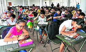 Students take part in the ninth national-level abacus competition at Lajpat Rai Bhawan in Sector 15, Chandigarh, on Sunday.