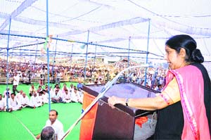 External Affairs Minister Sushma Swaraj addresses a rally in Safidon on Sunday.