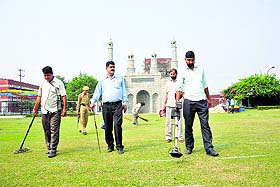 security personnel check Eidgah premises on the eve of Eid in Jammu on Sunday.
