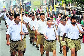 RSS volunteers participate in a march in Jammu 