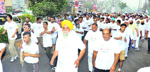 Senior citizens and youth take part in a marathon to commemorate World Elderly Day in Ludhiana on Sunday.