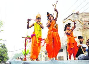 Children take part in a shobha yatra in Ludhiana.