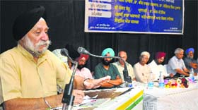 Dr SP Singh, former vice chancellor of Guru Nanak Dev University, addresses a gathering during a seminar in Jalandhar on Sunday.