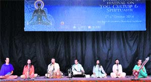 Foreign participants present an Indian musical programme as part of the ongoing 4th International Yoga Festival at Dev Sanskriti University in Haridwar on Sunday