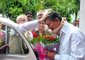 Former Chief Minister and veteran leader ND Tewari blesses Chief Minister Harish Rawat in Dehradun on Saturday