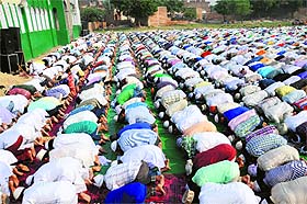  Devotees offer prayers on Eid-ul-Zuha at the Eidgah in Bathinda on Monday. 
