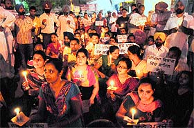 A candle-light procession of computer teachers was halted midway by the police at Dhobi Bazar in Bathinda on Monday. 