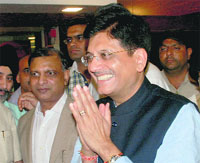 Union Minister Piyush Goyal meets BJP leaders and workers during a function in Panchkula on Monday. Tribune photo: Nitin Mittal
