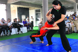 The UT police impart training to women staff of the CTU at the ISBT, Sector 43, Chandigarh, on Monday. Tribune Photo: S Chandan